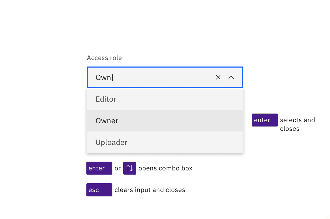 The Enter key opens and selects items in a combo box. Arrow keys can open and navigate the options. Esc clears the input and closes.